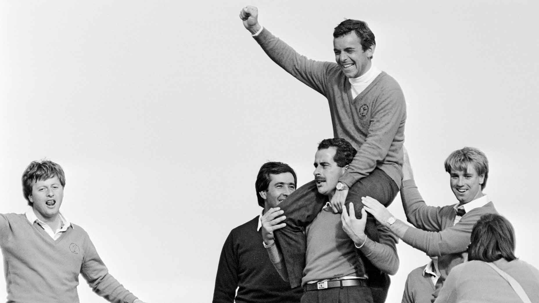 Tony Jacklin riding high as the winning captain in 1985. Along with Spain’s Seve Ballesteros (far left), he drove Europe’s revival in the Ryder Cup. That’s Scotsman Sam Torrance carrying Jacklin and England’s Paul Way at right.