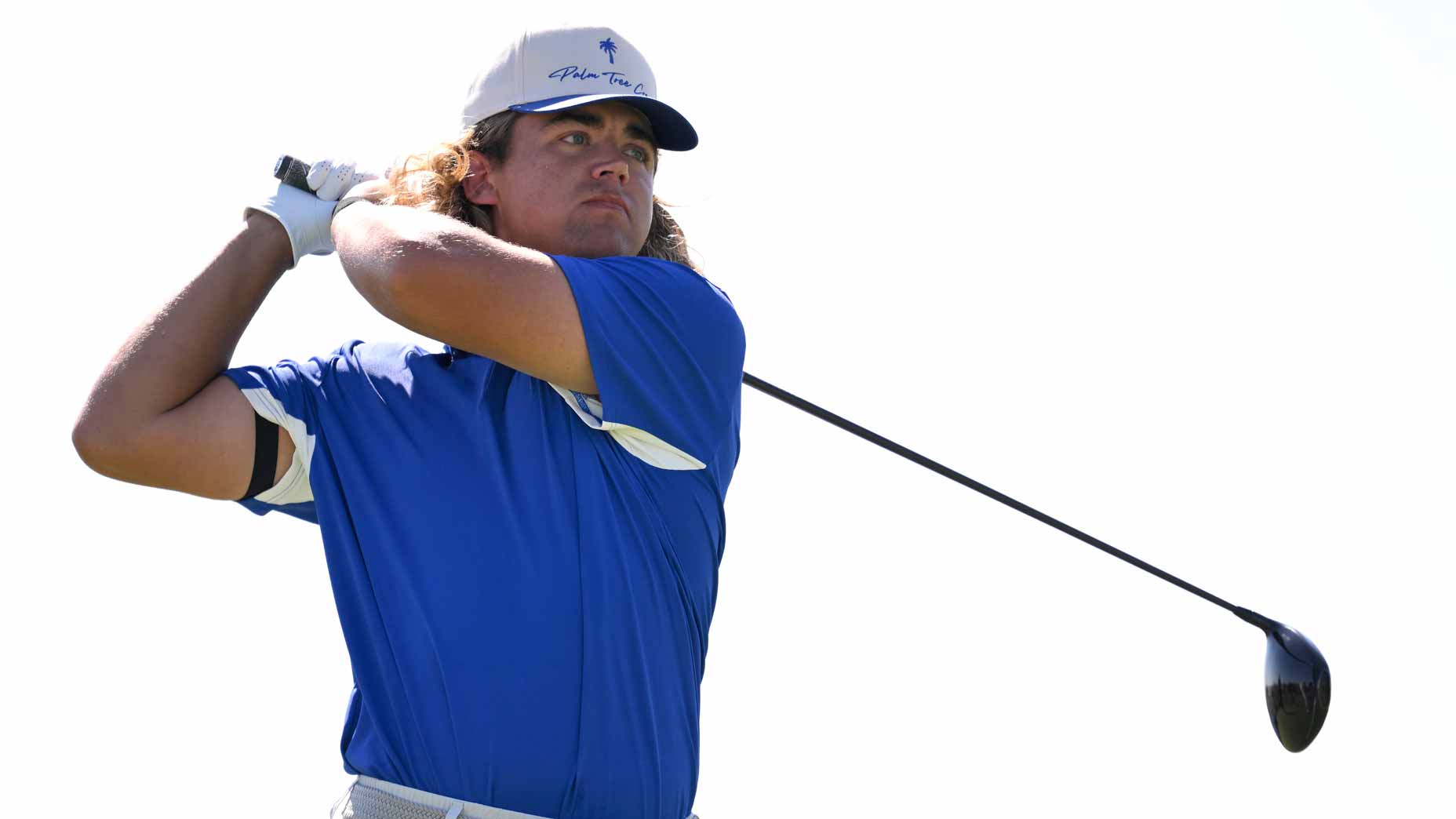 Garrick Higgo hits his tee shot on the 14th hole during the third round of the 2025 World Wide Technology Championship.