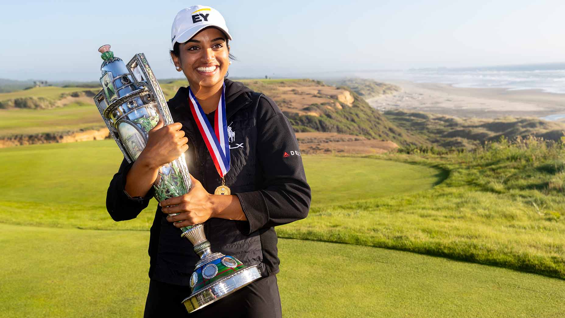Megha Ganne poses with the trophy after winning the 2025 U.S. Women's Amateur earlier this month at Bandon Dunes in Bandon, Ore.