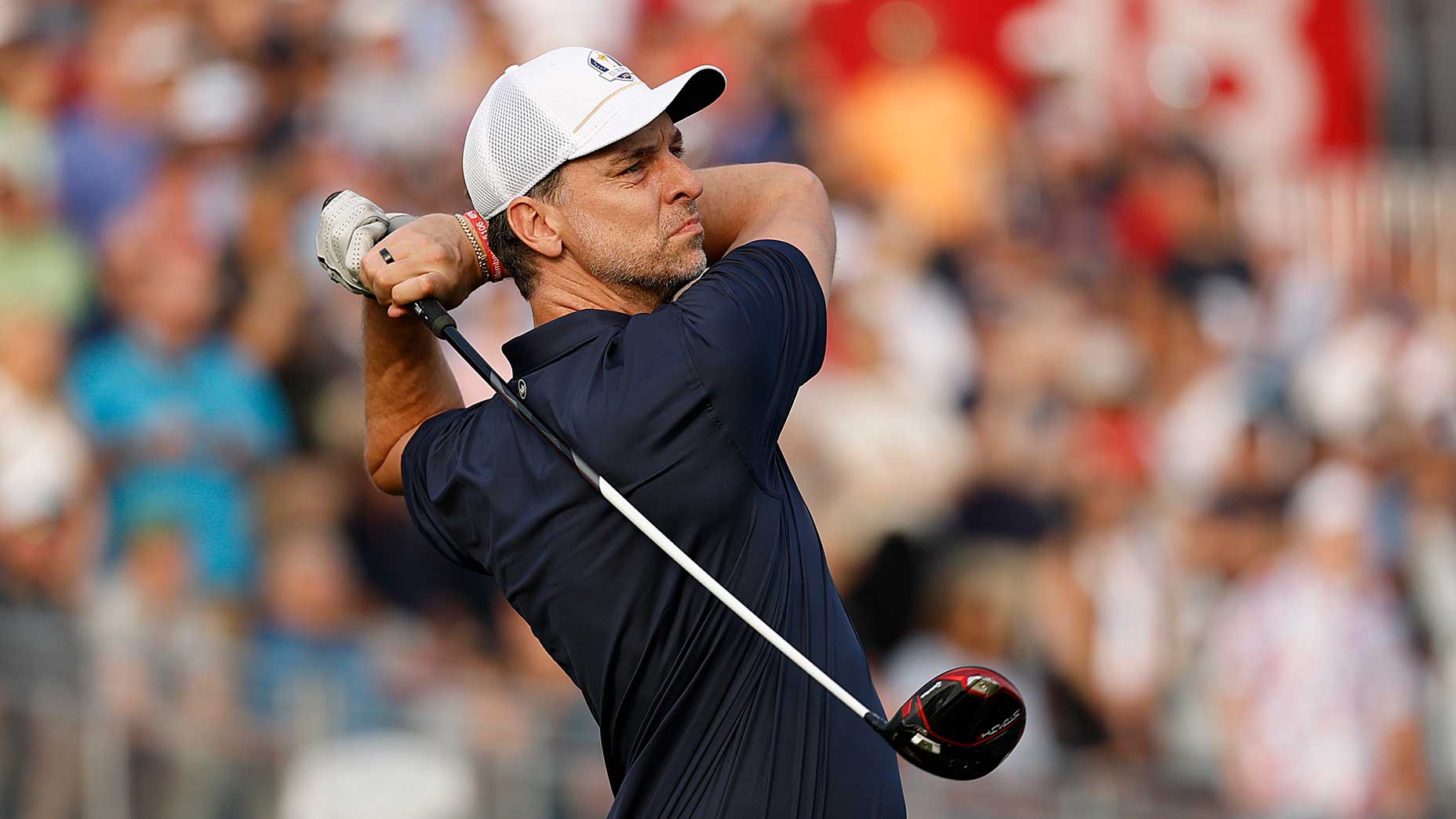 Pau Gasol hits a shot during the 2025 Ryder Cup celebrity match.