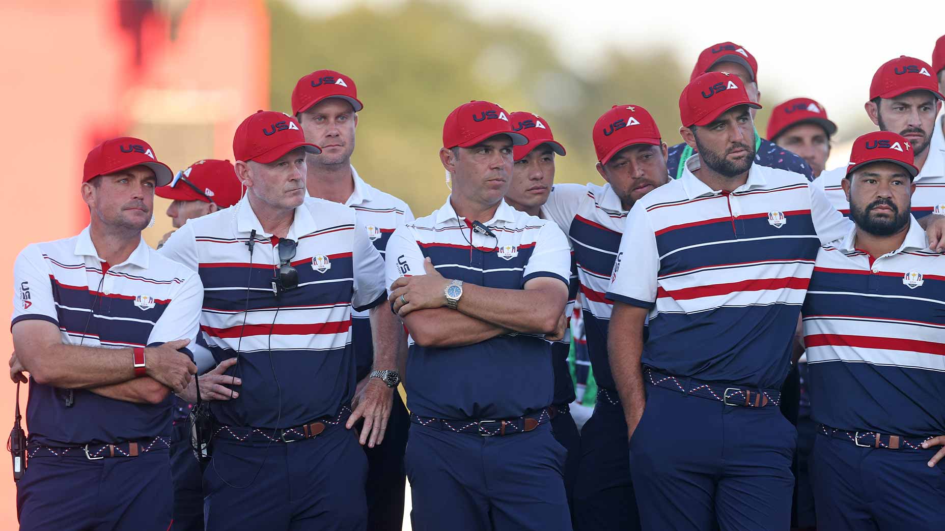 the u.s. ryder cup team stares dejectedly at the Ryder Cup at Bethpage Black