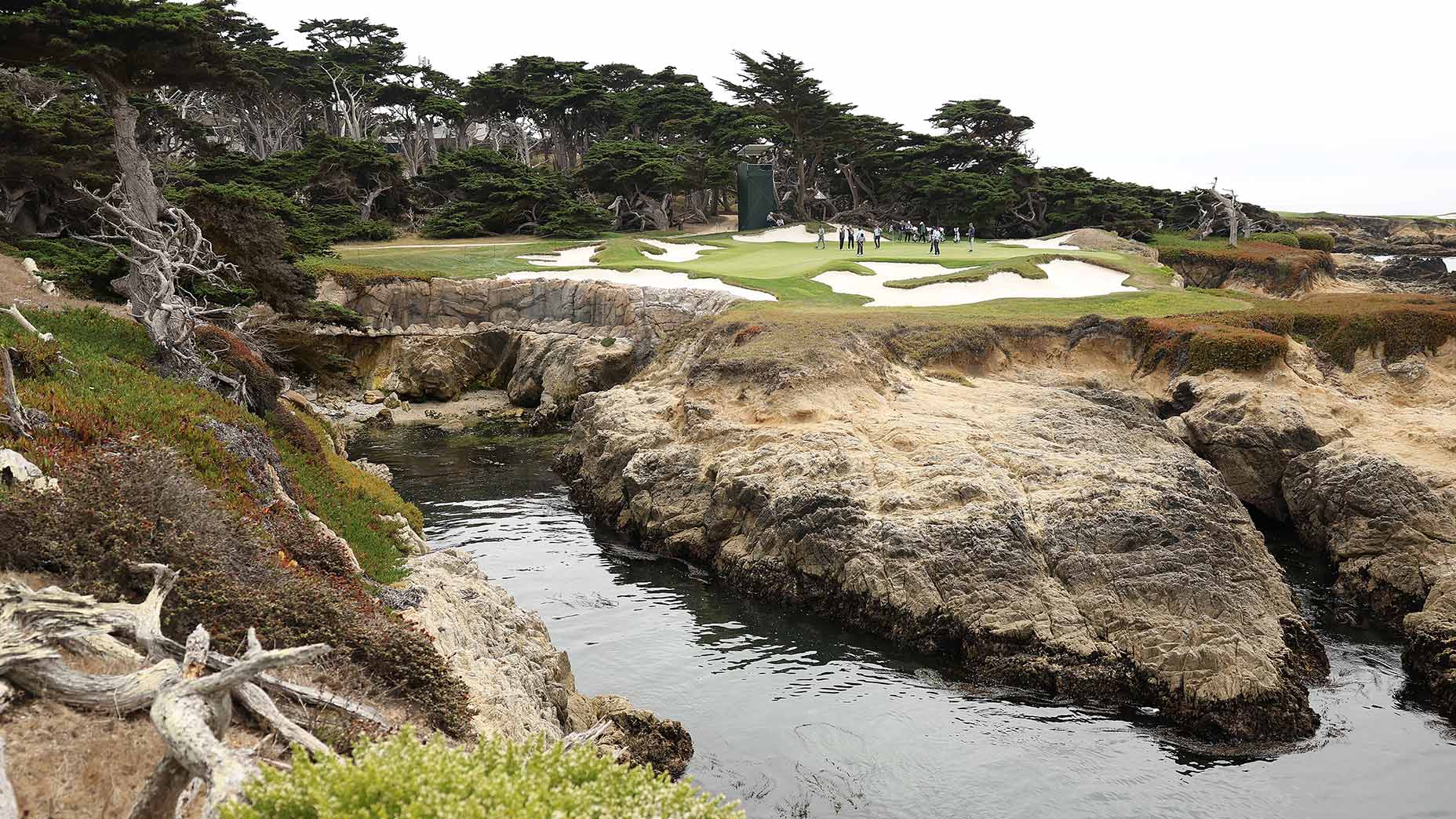 Players practice on the 15th green on Wednesday ahead of the 2025 Walker Cup at Cypress Point Golf Club in Pebble Beach, Calif.